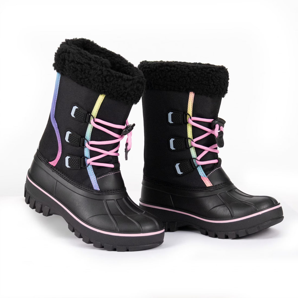 NIPAXO Girls Snow Boots Waterproof Winter Boots Black Rainbow Trim Faux Fur Cuff Slip Resistant Outdoor Winter Boots for Kids