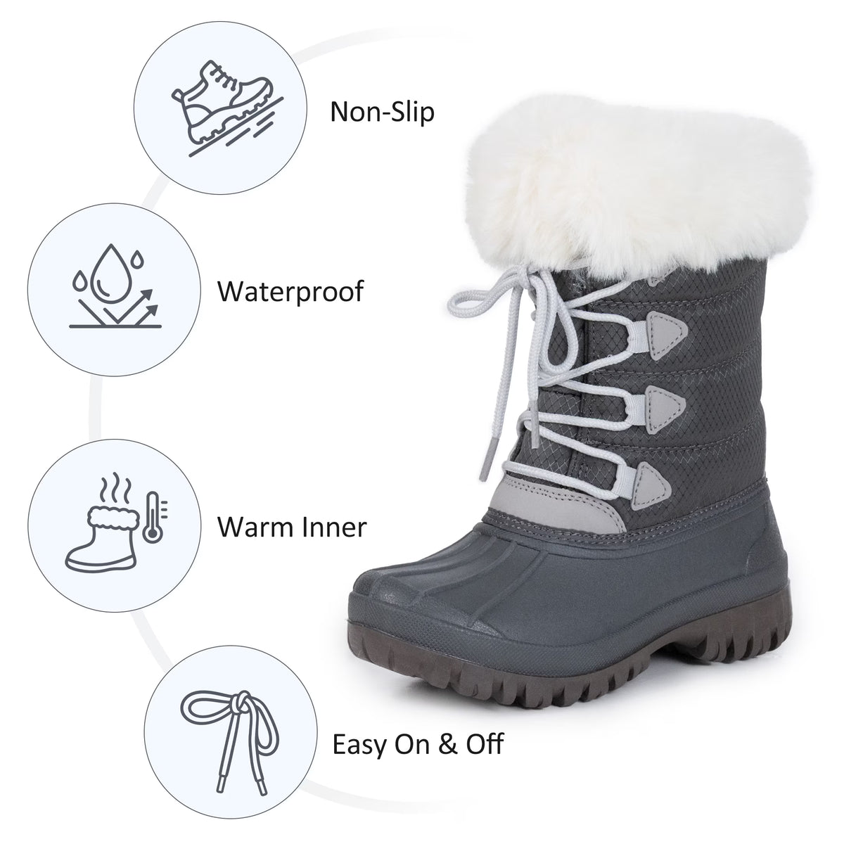 NIPAXO Kids Snow Boots Waterproof Winter Boots Grey Rubber Shell White Faux Fur Collar Classic Lace-Up Winter Boots for Boys Girls