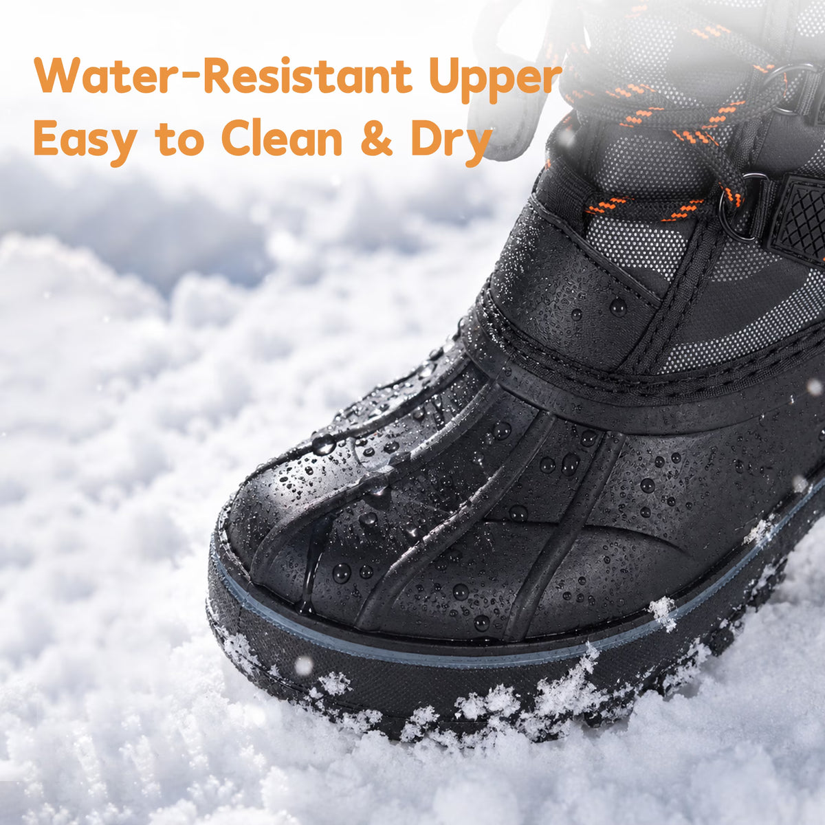 NIPAXO Kids Snow Boots Waterproof Winter Boots Black Camo Orange Accents Sherpa Collar Bungee Lacing Outdoor Cold Weather Winter Boots for Boys Girls