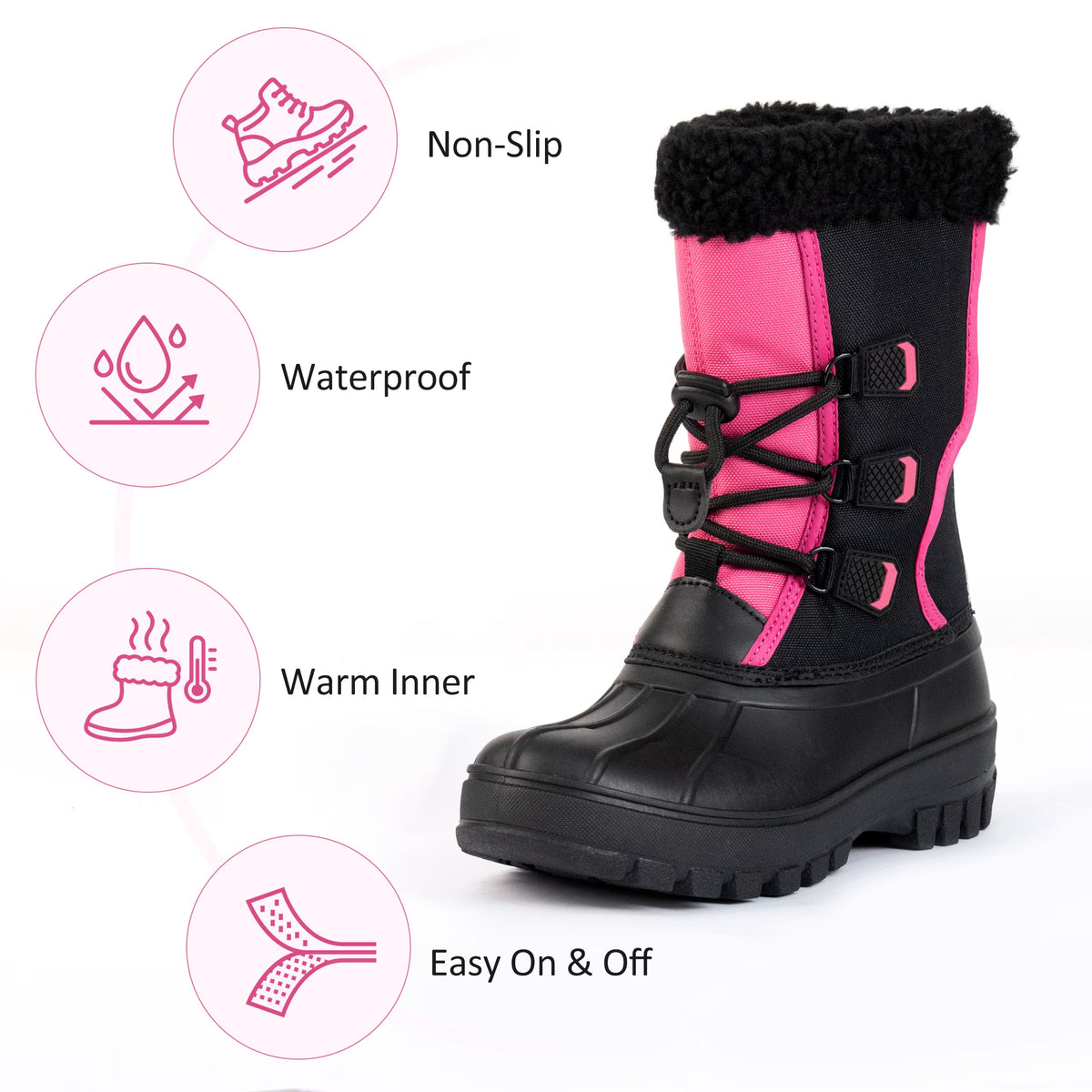NIPAXO Girls Snow Boots Waterproof Winter Boots Black and Hot Pink Colorblock Faux Fur Trim Outdoor Winter Boots for Kids