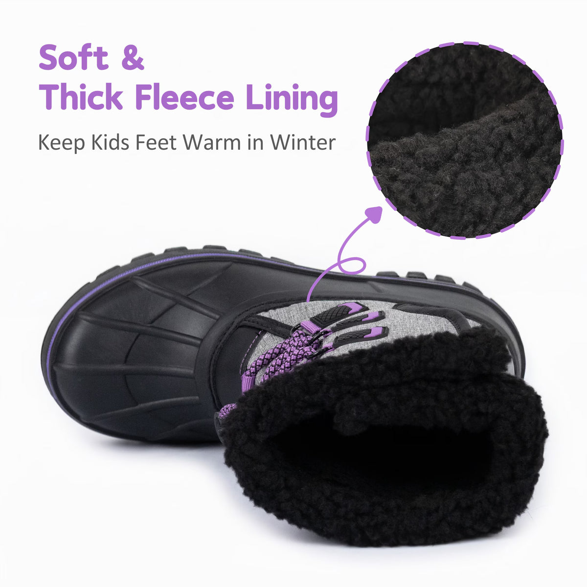 NIPAXO Kids Snow Boots Waterproof Winter Boots Grey and Black Purple Accents Sherpa Collar Bungee Lacing Outdoor Cold Weather Winter Boots for Boys Girls