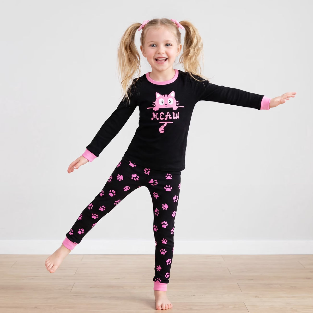 NIPAXO Girls Pajamas Set Long Sleeve Pink Cat Graphic & Paw Print Sleepwear with Pink Trim for Toddler Little Girls