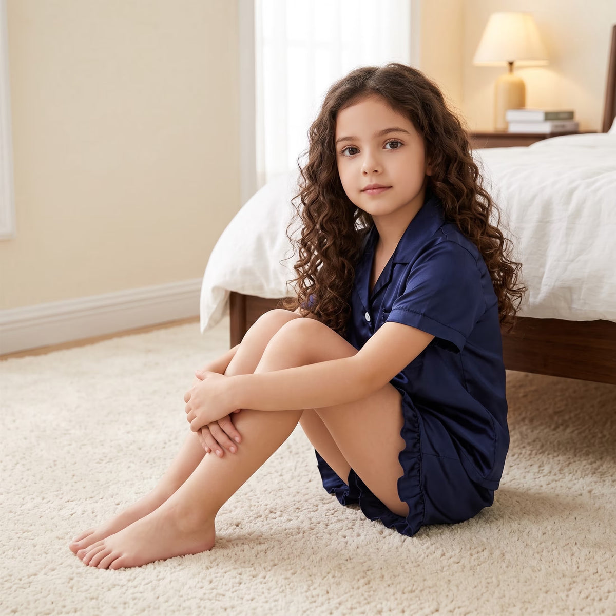 NIPAXO Girls Pajamas Set Short Sleeve Button-Down Solid Navy Blue Ruffle Shorts Satin Sleepwear for Kids