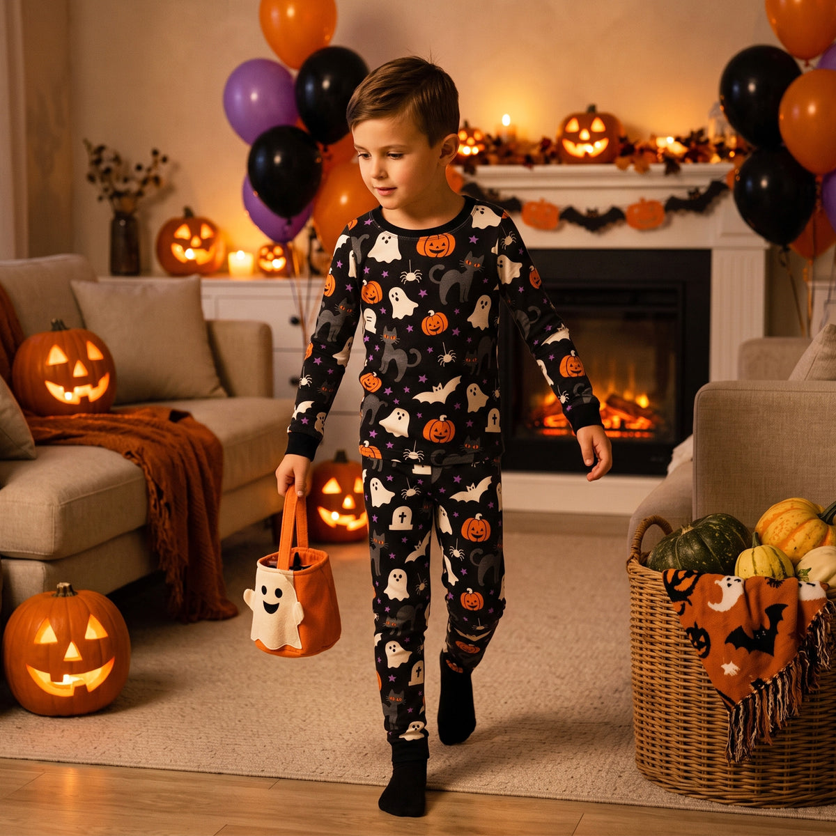 NIPAXO Toddler Boys Halloween Pajamas Black Cotton Spooky Ghost Cat Sleepwear Set Long Sleeve Ribbed Outfits for Kids