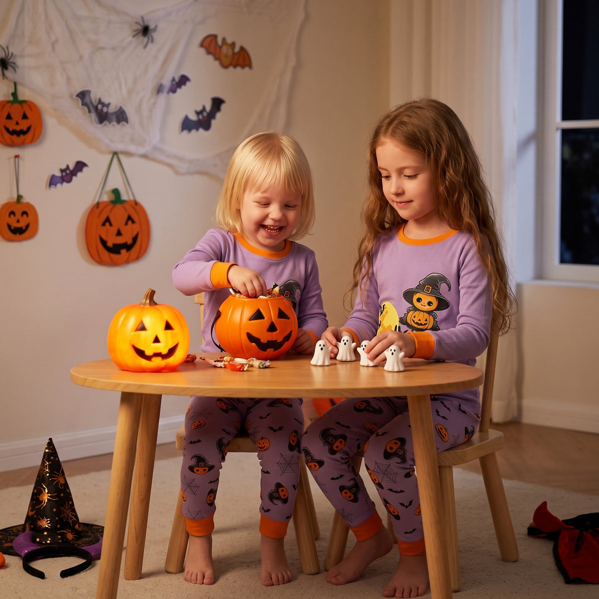 NIPAXO Halloween Girls Pajamas Set Pumpkin & Skull Graphic Long Sleeve Cotton Sleepwear for Kids