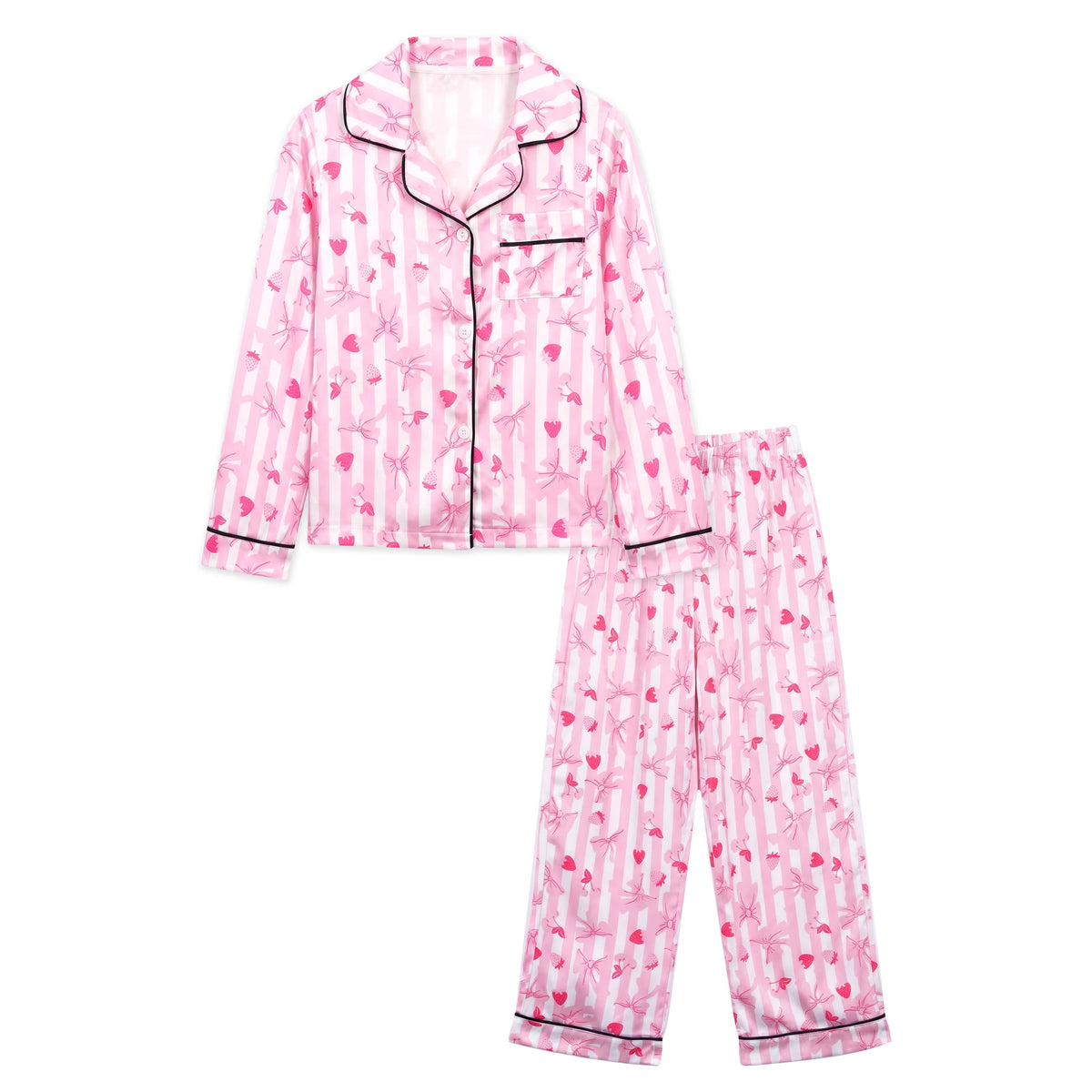 NIPAXO Girls Pajamas Set Long Sleeve Button-Down Pink Stripe Strawberry Bow Print Long Pants Satin Sleepwear for Kids