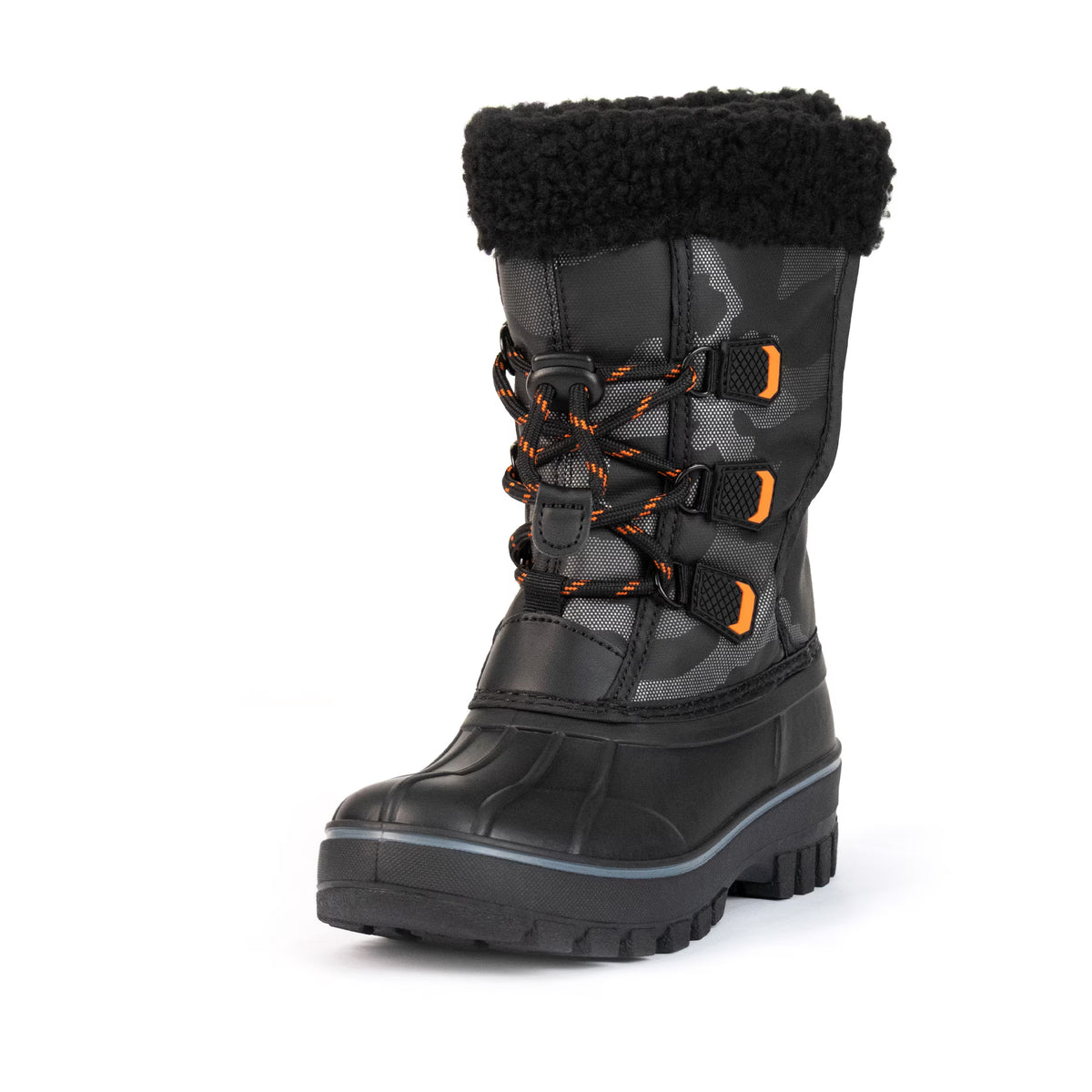 NIPAXO Kids Snow Boots Waterproof Winter Boots Black Camo Orange Accents Sherpa Collar Bungee Lacing Outdoor Cold Weather Winter Boots for Boys Girls