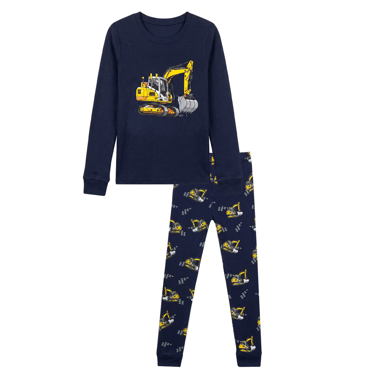 NIPAXO Toddler Boys Pajamas Set Long Sleeve Yellow Excavator Graphic Thermal Sleepwear with Ribbed Cuffs