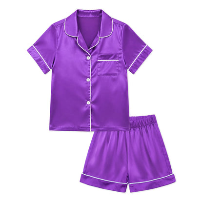 NIPAXO Girls Pajamas Set Short Sleeve Button-Down Solid Purple Piping Shorts Sleepwear Satin for Kids