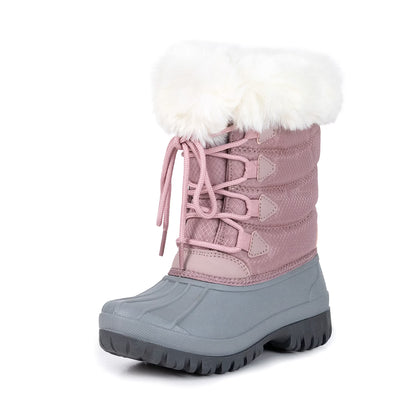 NIPAXO Girls Snow Boots Waterproof Dusty Pink and Grey White Faux Fur Collar Classic Lace-Up Winter Boots for Girls