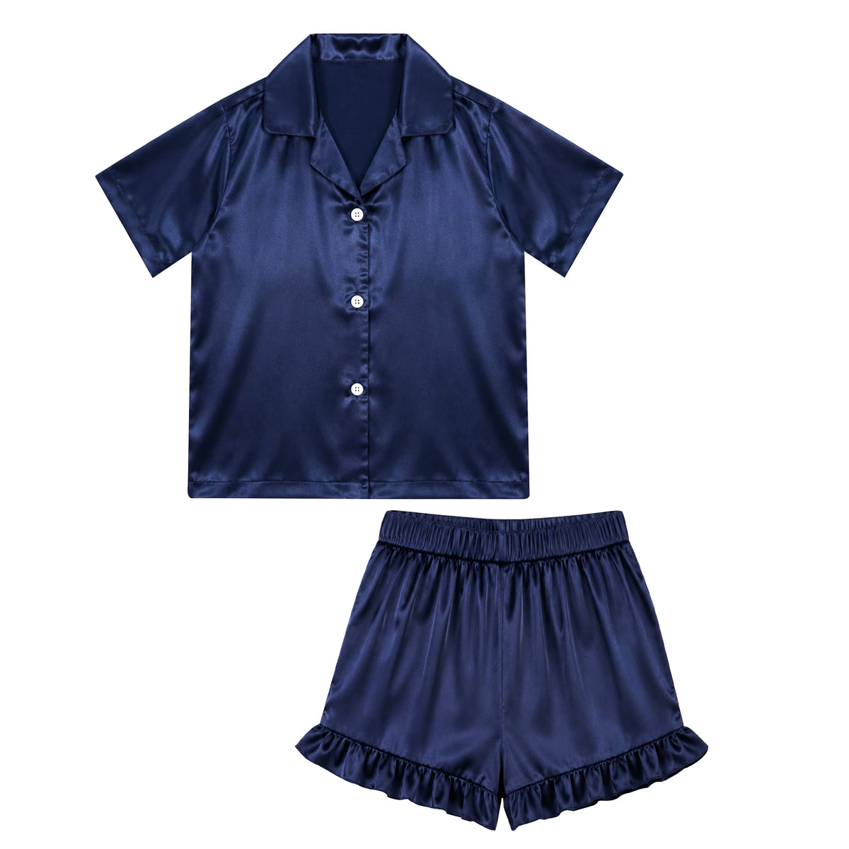 NIPAXO Girls Pajamas Set Short Sleeve Button-Down Solid Navy Blue Ruffle Shorts Satin Sleepwear for Kids