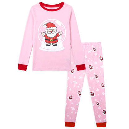 NIPAXO Girls Christmas Pajamas Set Long Sleeve Snow Globe Santa Graphic Top and Matching Print Pants Sleepwear for Kids