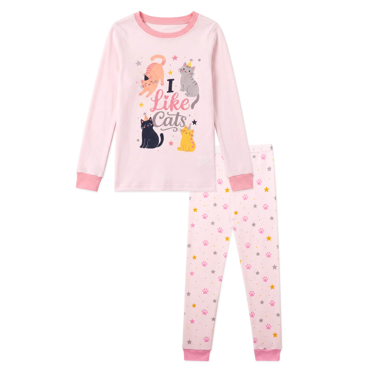 NIPAXO Girls Pajamas Set Long Sleeve "I Like Cats" Graphic Top and Paw Print Pants Sleepwear for Kids