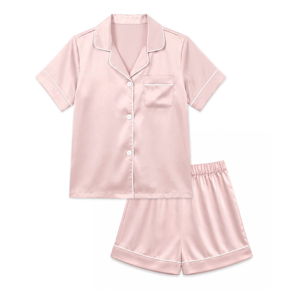 NIPAXO Girls Pajamas Set Short Sleeve Button-Down Silk Satin Sleepwear with White Piping for Toddler and Kids