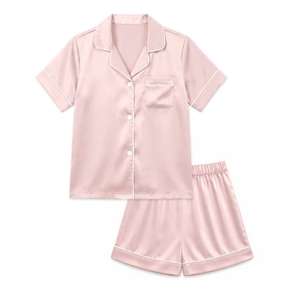 NIPAXO Girls Pajamas Set Short Sleeve Button-Down Silk Satin Sleepwear with White Piping for Toddler and Kids