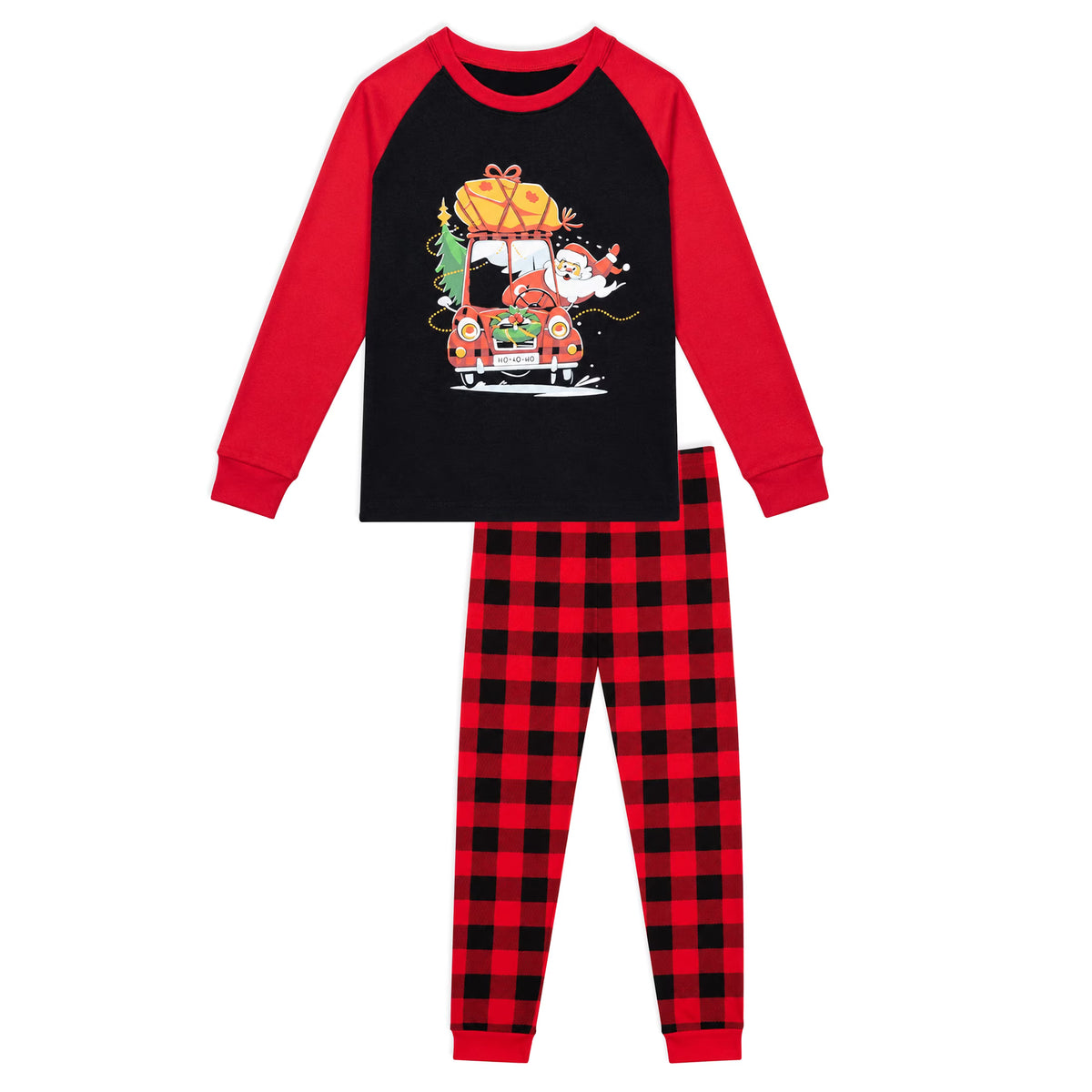 NIPAXO Kids Christmas Pajamas Set Long Sleeve Santa Driving Car & Buffalo Plaid Buffalo Sleepwear with Red Trim for Toddler Boys Girls