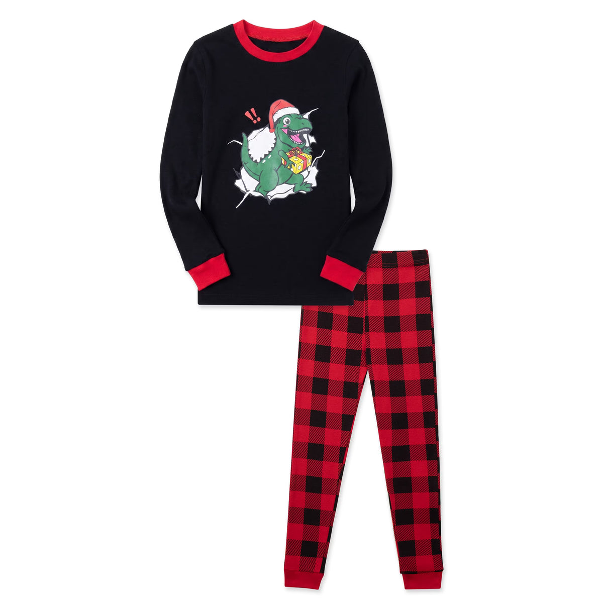 NIPAXO Kids Christmas Pajamas Set Long Sleeve Dinosaur Graphic Top and Red Buffalo Plaid Pants Holiday Sleepwear for Girls Boys