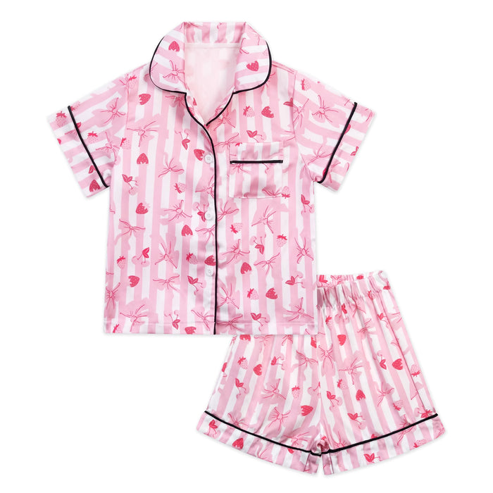 NIPAXO Girls Satin Pajamas Set Short Sleeve Button-Down Pink Stripe Strawberry Bow Print Sleepwear for Kids