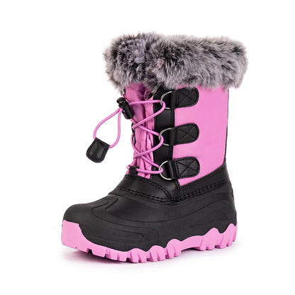 NIPAXO Girls Snow Boots Waterproof Winter Boots Hot Pink and Black Faux Fur Pom-Pom Collar Bungee Lacing Outdoor Winter Boots for Kids