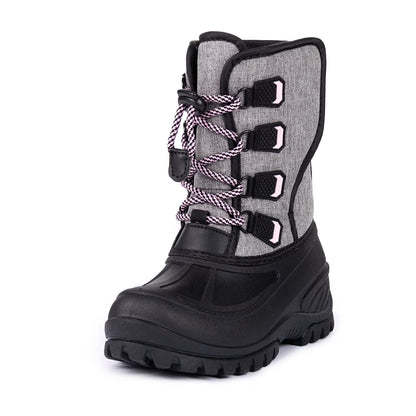 NIPAXO Girls Snow Boots Waterproof Winter Boots Grey Quilted Fabric Upper Pink Speckled Bungee Lacing Outdoor Winter Boots for Kids