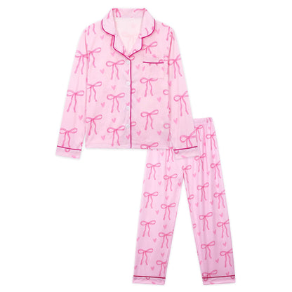 NIPAXO Girls Pajama Set Long Sleeve Button-Down Top and Pants Soft Satin Cute Pink Bows Hearts Print Loose Sleepwear