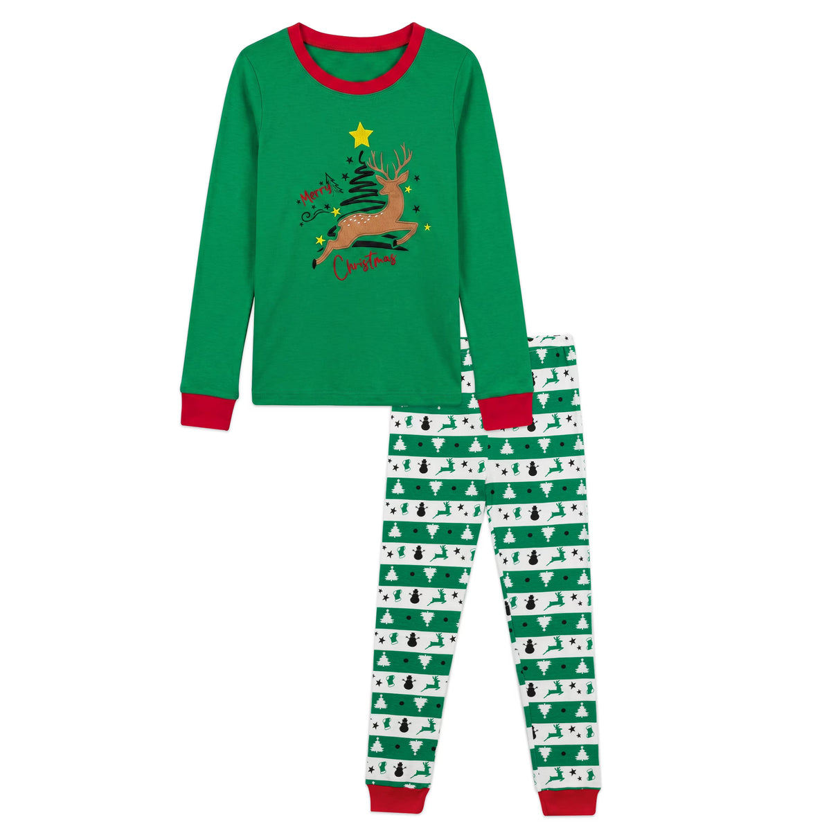 NIPAXO Kids Christmas Pajamas Set Long Sleeve Embroidered Reindeer & "Merry Christmas" Graphic Holiday Sleepwear with Fair Isle Stripe Pants for Boys and Girls
