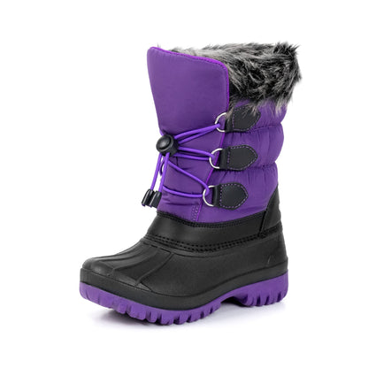 NIPAXO Kids Snow Boots Waterproof Winter Boots Purple and Black Faux Fur Cuff Bungee Lacing Cold Weather Outdoor Shoes for Boys Girls