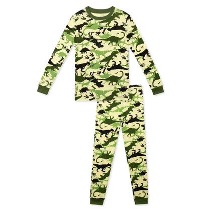 NIPAXO Boys Pajamas Set Long Sleeve Dinosaur Camo Print Thermal Top and Matching Pants Sleepwear for Kids