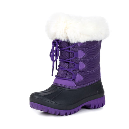 NIPAXO Kids Snow Boots Waterproof Purple and Black White Faux Fur Collar Classic Lace-Up Winter Boots for Boys Girls