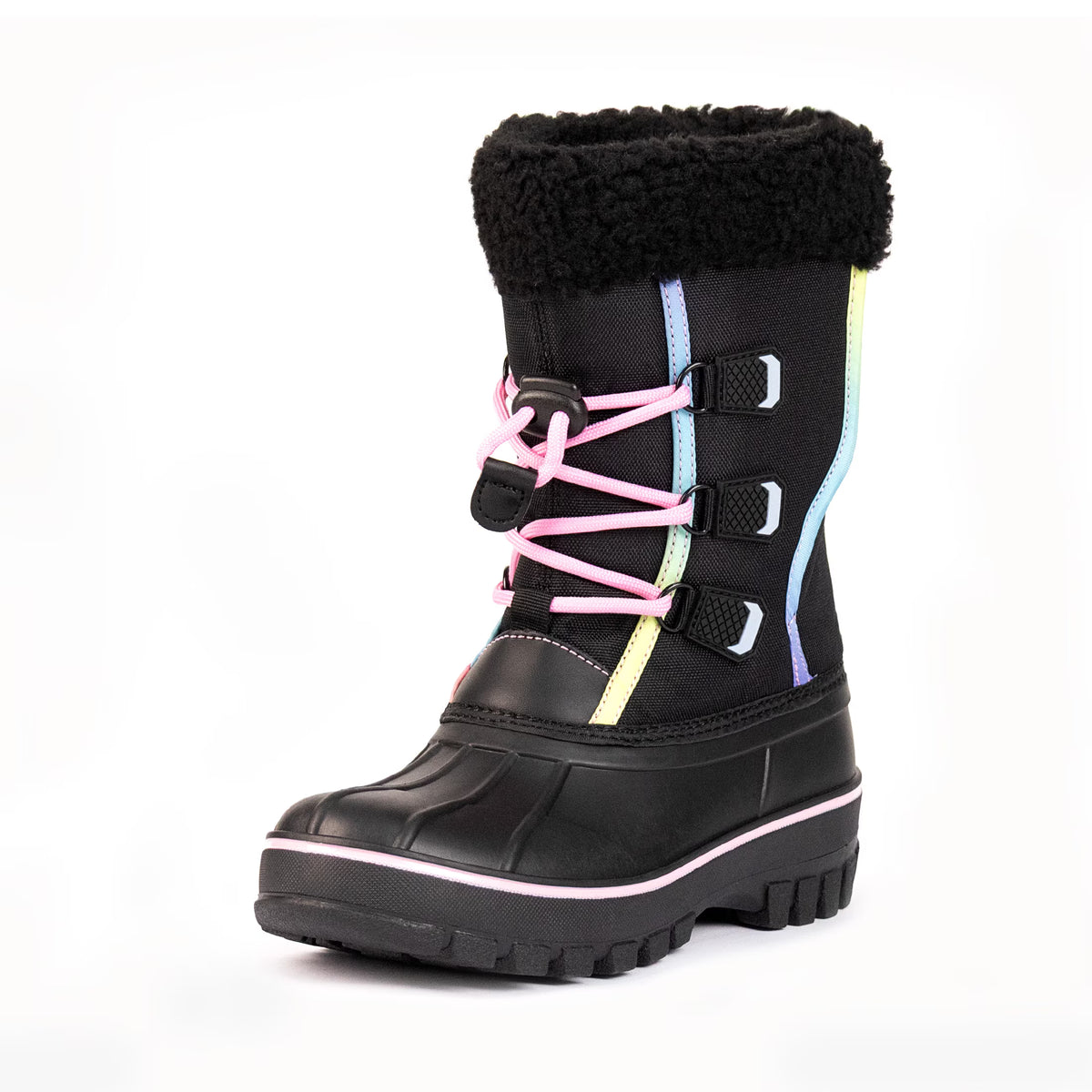 NIPAXO Girls Snow Boots Waterproof Winter Boots Black Rainbow Trim Faux Fur Cuff Slip Resistant Outdoor Winter Boots for Kids