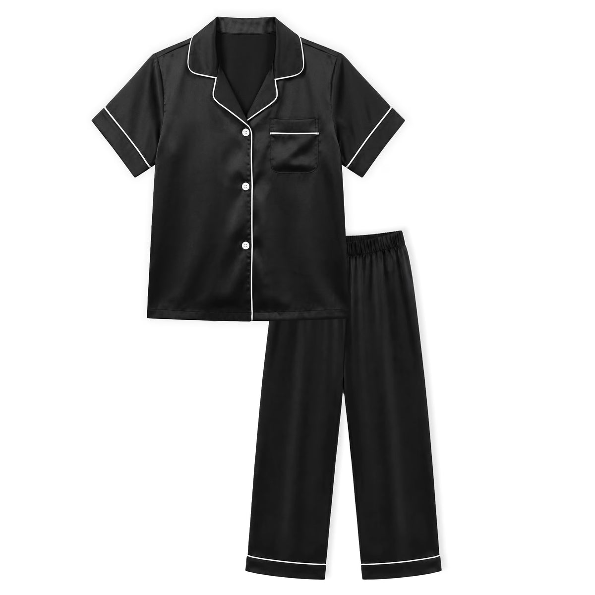 NIPAXO Girls Pajamas Set Short Sleeve Button-Down Solid Black Piping Long Pants Sleepwear Satin for Kids