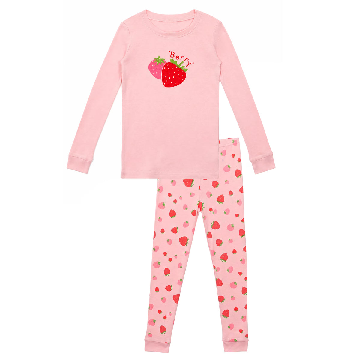 NIPAXO Girls Pajamas Set Long Sleeve Cute Strawberry Print Casual Sleepwear with Pink Base for Toddler Little Girls