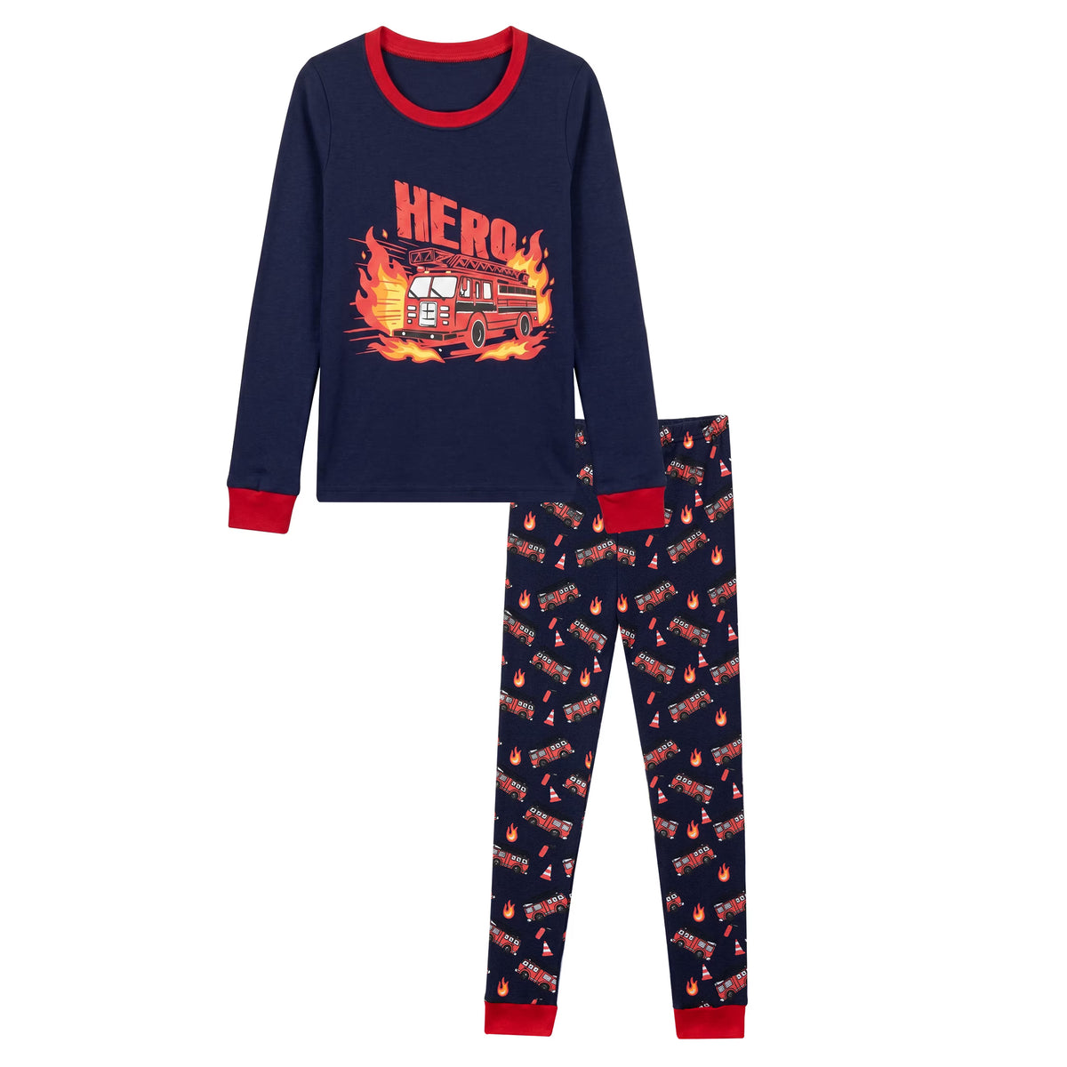 NIPAXO Toddler Boys Pajamas Set Long Sleeve "HERO" Fire Truck Graphic Thermal Firefighter Sleepwear with Red Cuffs