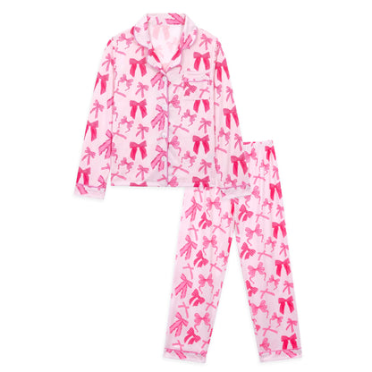 NIPAXO Girls Pajamas Set Long Sleeve Button-Down Top and Pants Silk Satin with Cute Pink Bows Print Sleepwear for Kids