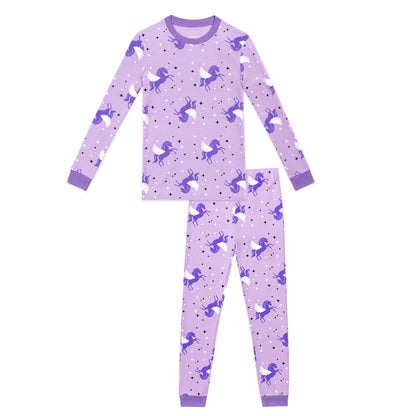 NIPAXO Girls Pajamas Set Long Sleeve Magical Unicorn Star Print Casual Sleepwear with Purple Trim for Toddler Little Girls