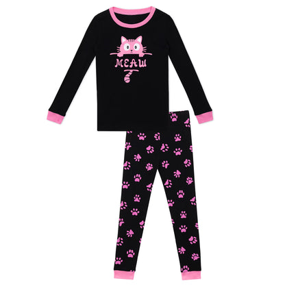 NIPAXO Girls Pajamas Set Long Sleeve Pink Cat Graphic & Paw Print Sleepwear with Pink Trim for Toddler Little Girls
