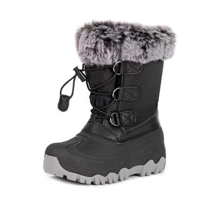 NIPAXO Kids Snow Boots Waterproof Winter Boots All Black Faux Fur Collar Bungee Lacing Outdoor Cold Weather Winter Boots for Boys Girls