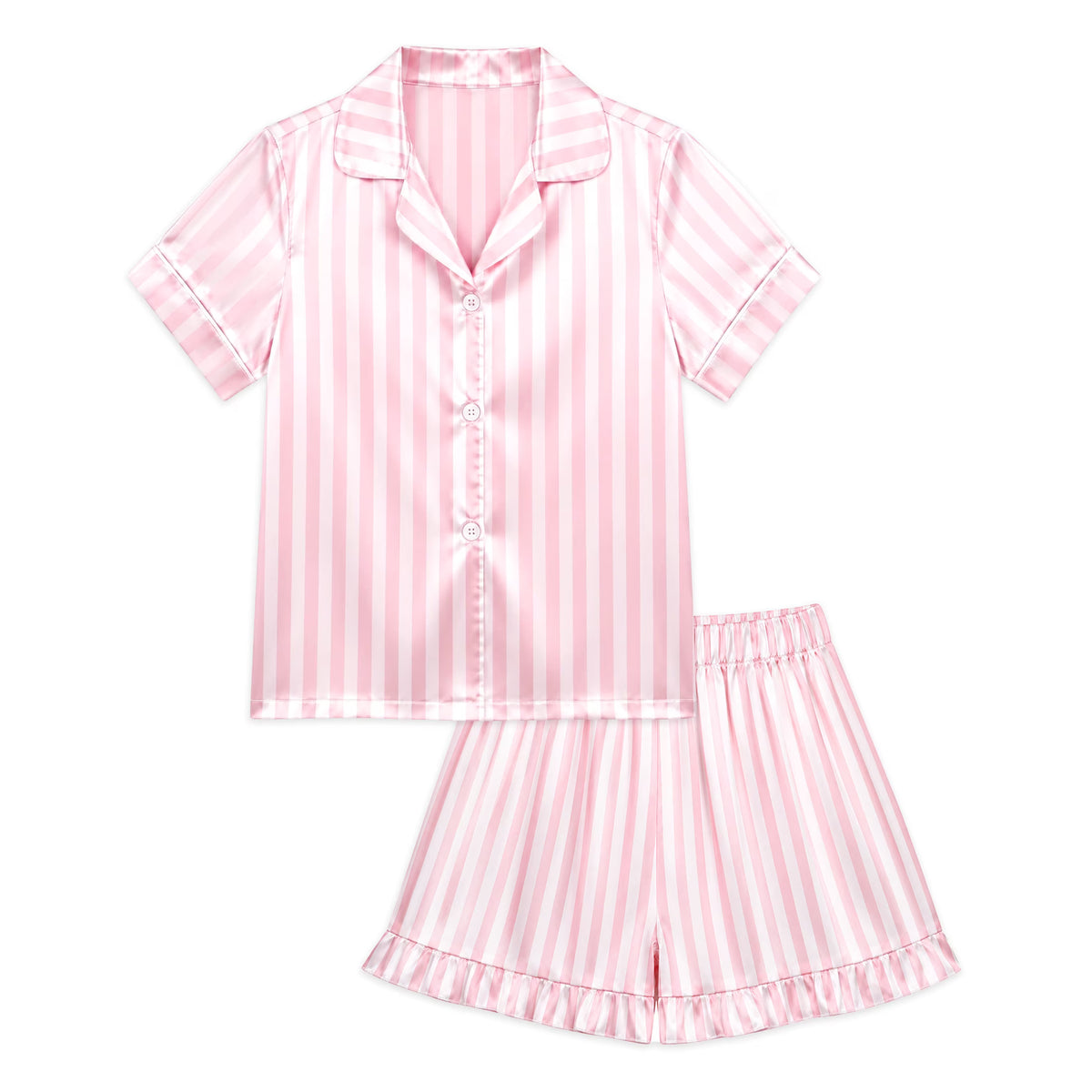 NIPAXO Girls Pajamas Set Short Sleeve Button-Down Pink White Striped Ruffle Shorts Sleepwear Satin for Kids