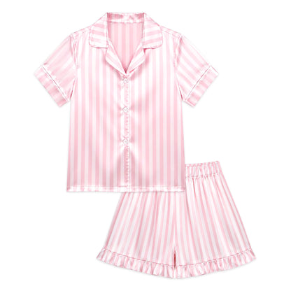 NIPAXO Girls Pajamas Set Short Sleeve Button-Down Pink White Striped Ruffle Shorts Sleepwear Satin for Kids