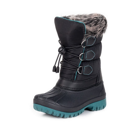 NIPAXO Kids Winter Snow Boots Black and Teal Colorblock Bungee Lacing Waterproof Outdoor Shoes for Boys Girls