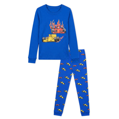 NIPAXO Toddler Boys Pajamas Set Long Sleeve Vibrant Blue F1 Race Car Graphic Thermal Sleepwear with Cuffs