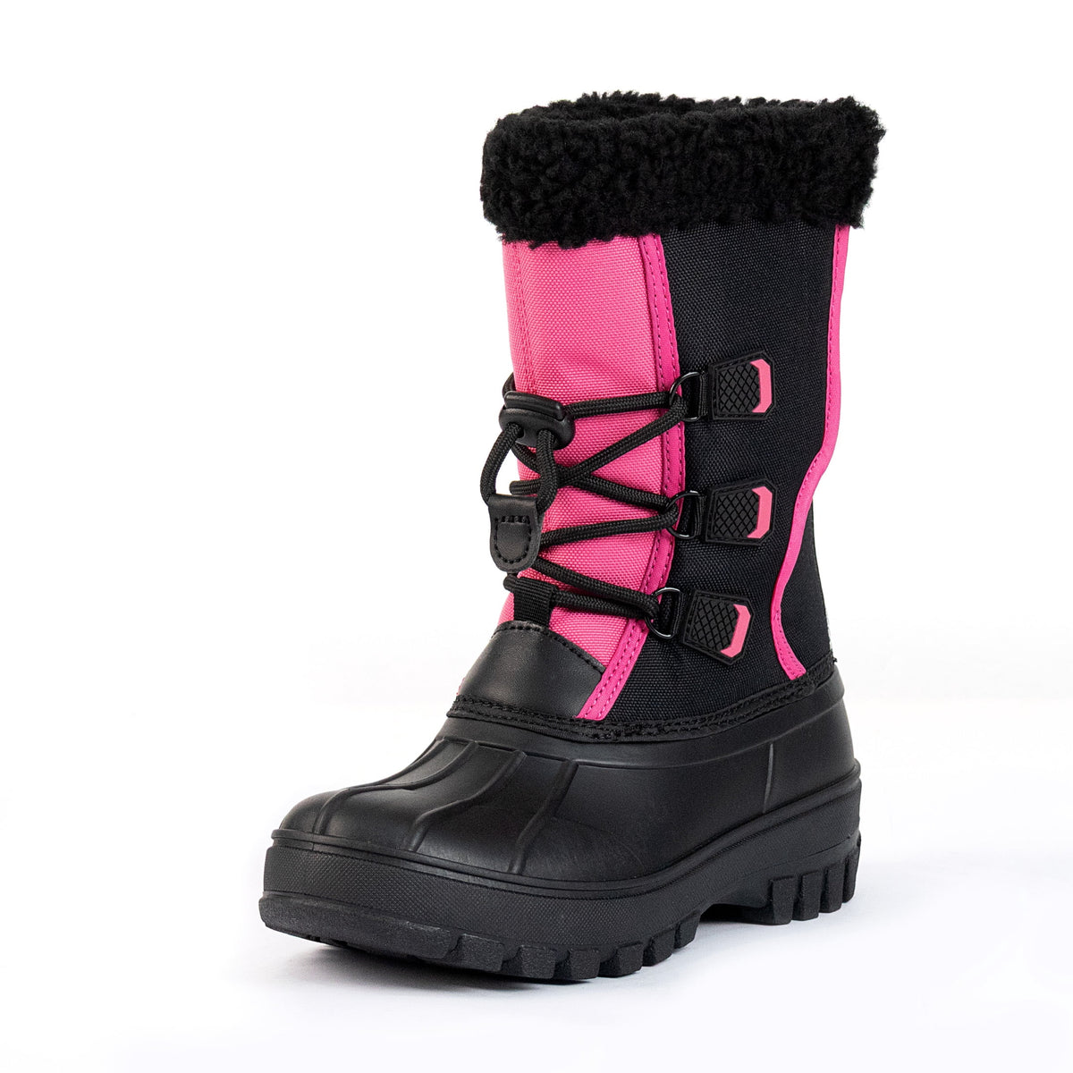 NIPAXO Girls Snow Boots Waterproof Winter Boots Black and Hot Pink Colorblock Faux Fur Trim Outdoor Winter Boots for Kids