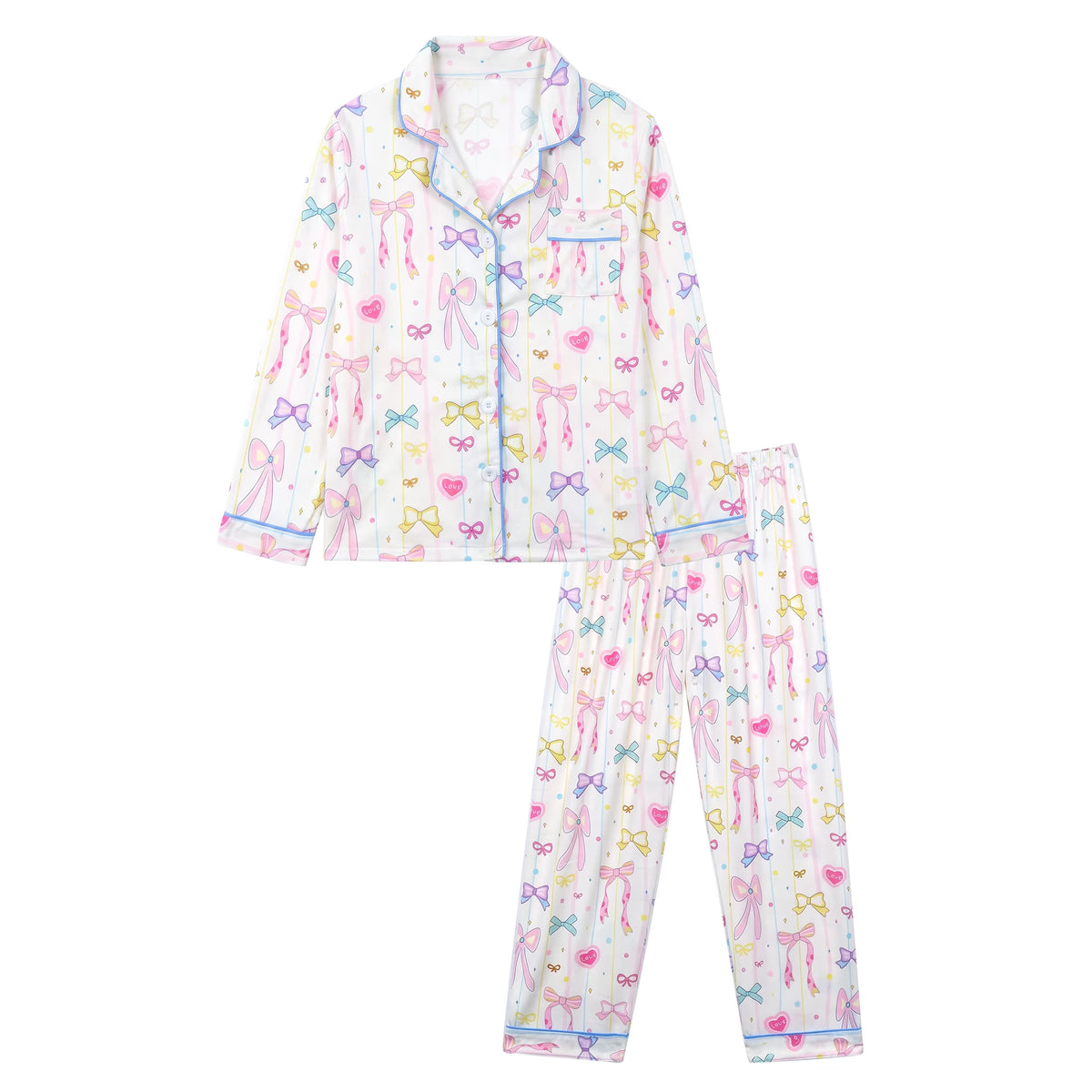 NIPAXO Girls Pajamas Set Long Sleeve Button-Down Cute Bow & Heart Print Sleepwear with Blue Piping for Toddler Little Girls