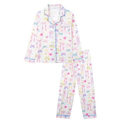 NIPAXO Girls Pajamas Set Long Sleeve Button-Down Cute Bow & Heart Print Sleepwear with Blue Piping for Toddler Little Girls