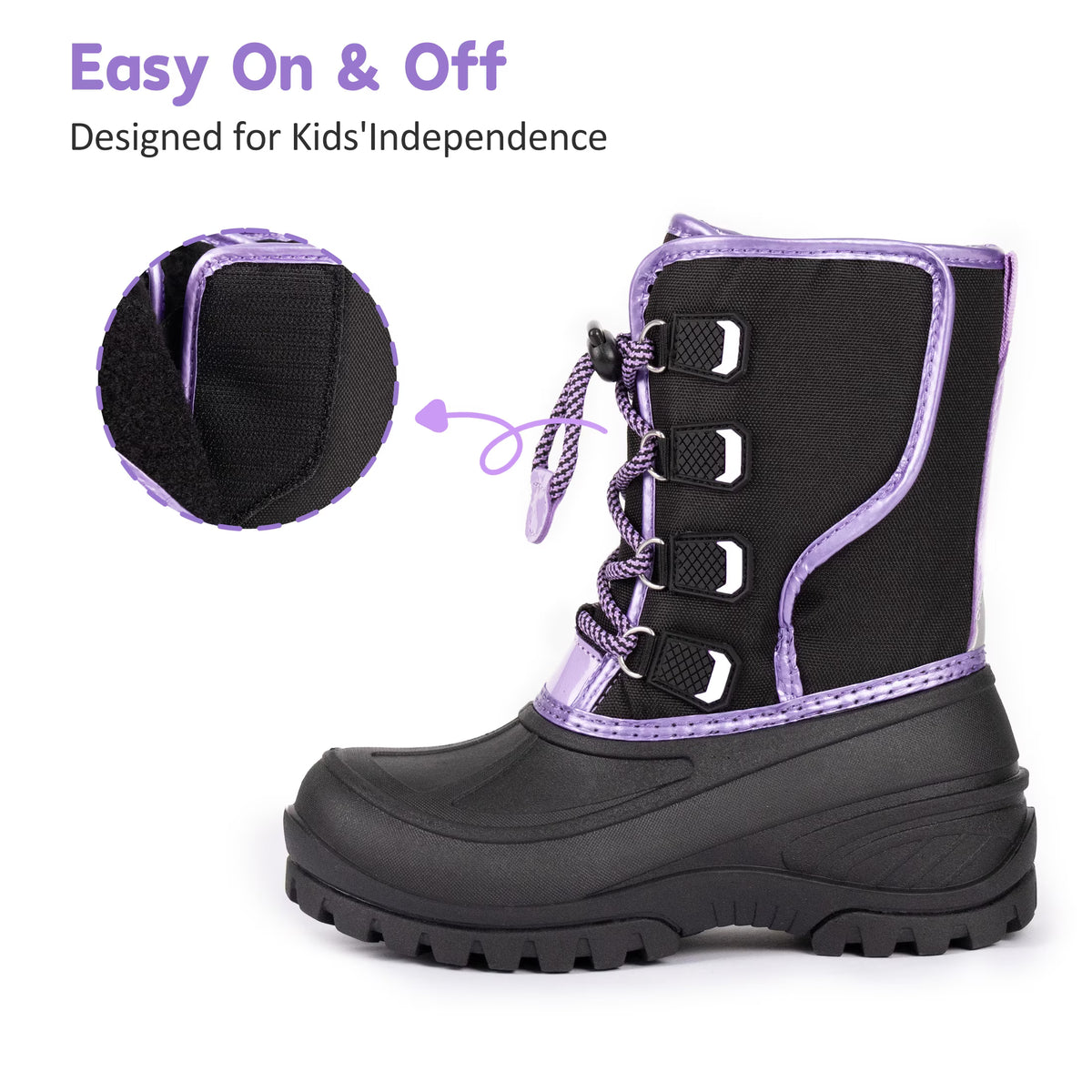 NIPAXO Girls Snow Boots Waterproof Winter Boots Black and Purple Quilted Fabric Upper Bungee Lacing Outdoor Winter Boots for Kids