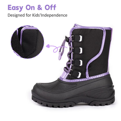 NIPAXO Girls Snow Boots Waterproof Winter Boots Black and Purple Quilted Fabric Upper Bungee Lacing Outdoor Winter Boots for Kids