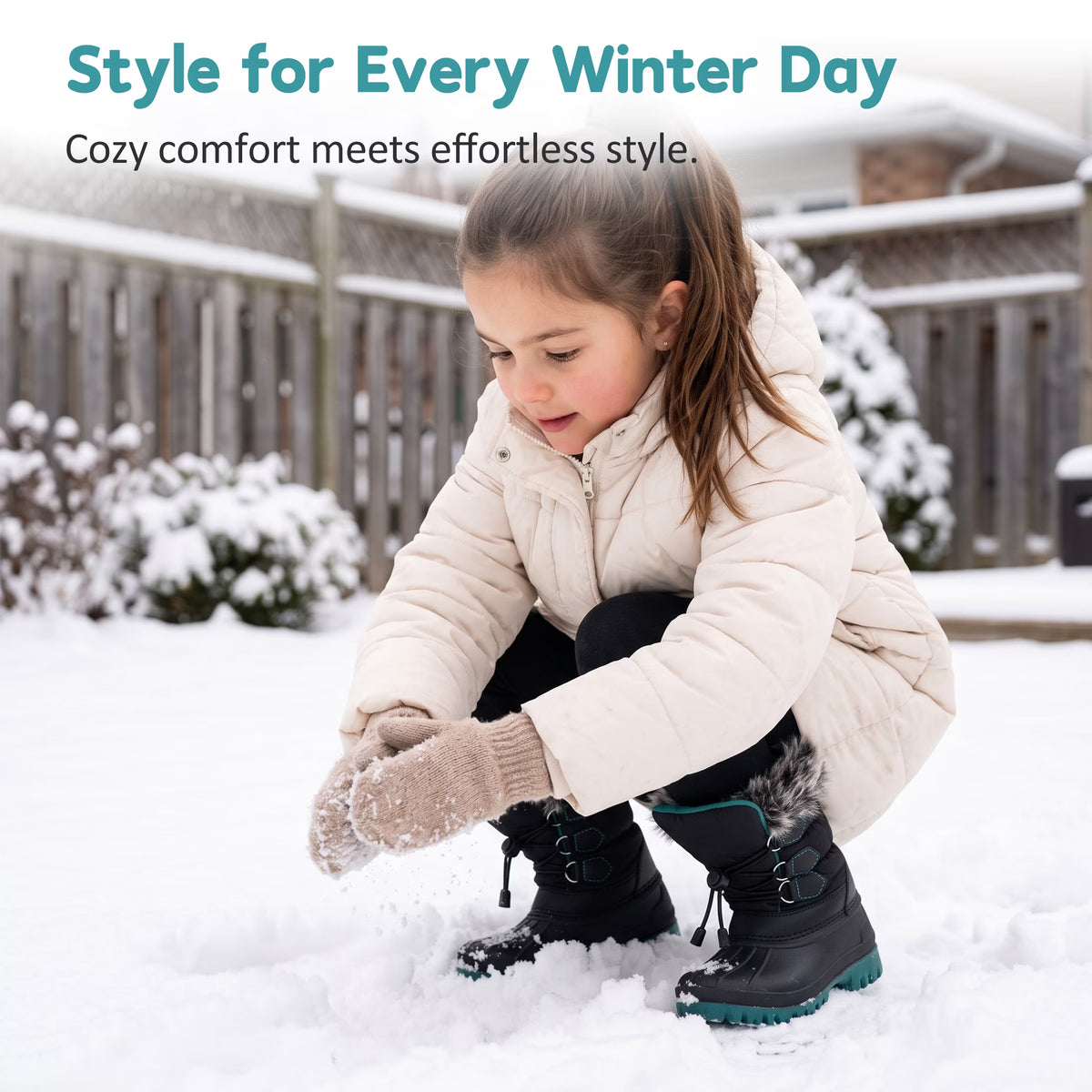 NIPAXO Kids Winter Snow Boots Black and Teal Colorblock Bungee Lacing Waterproof Outdoor Shoes for Boys Girls