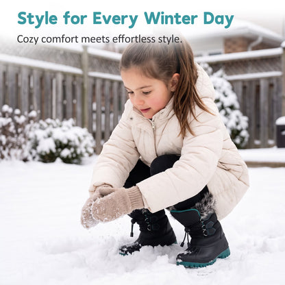 NIPAXO Kids Winter Snow Boots Black and Teal Colorblock Bungee Lacing Waterproof Outdoor Shoes for Boys Girls