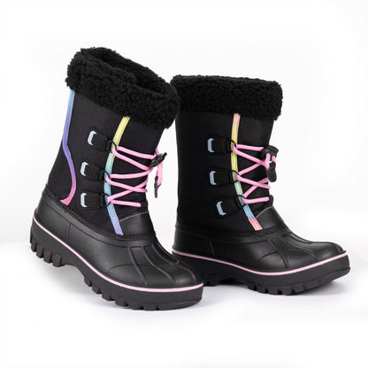 NIPAXO Girls Snow Boots Waterproof Winter Boots Black Rainbow Trim Faux Fur Cuff Slip Resistant Outdoor Winter Boots for Kids
