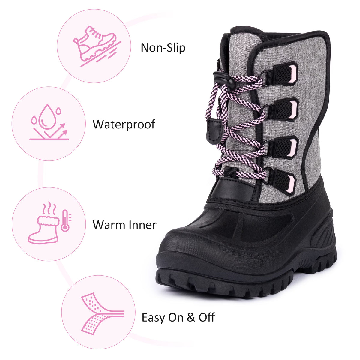 NIPAXO Girls Snow Boots Waterproof Winter Boots Grey Quilted Fabric Upper Pink Speckled Bungee Lacing Outdoor Winter Boots for Kids